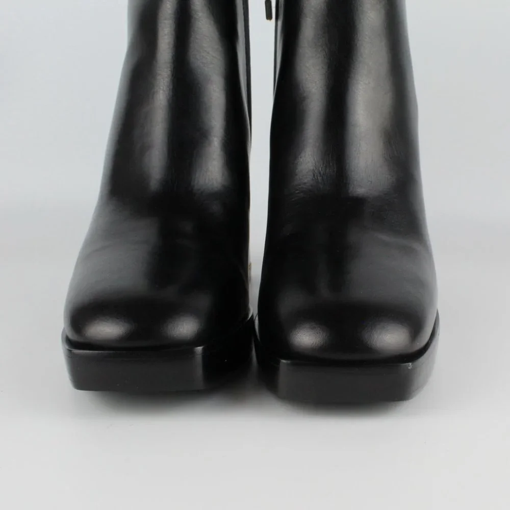 New TORY BURCH Ruby High Block Heel Chain Leather Booties, Black, US 8.5